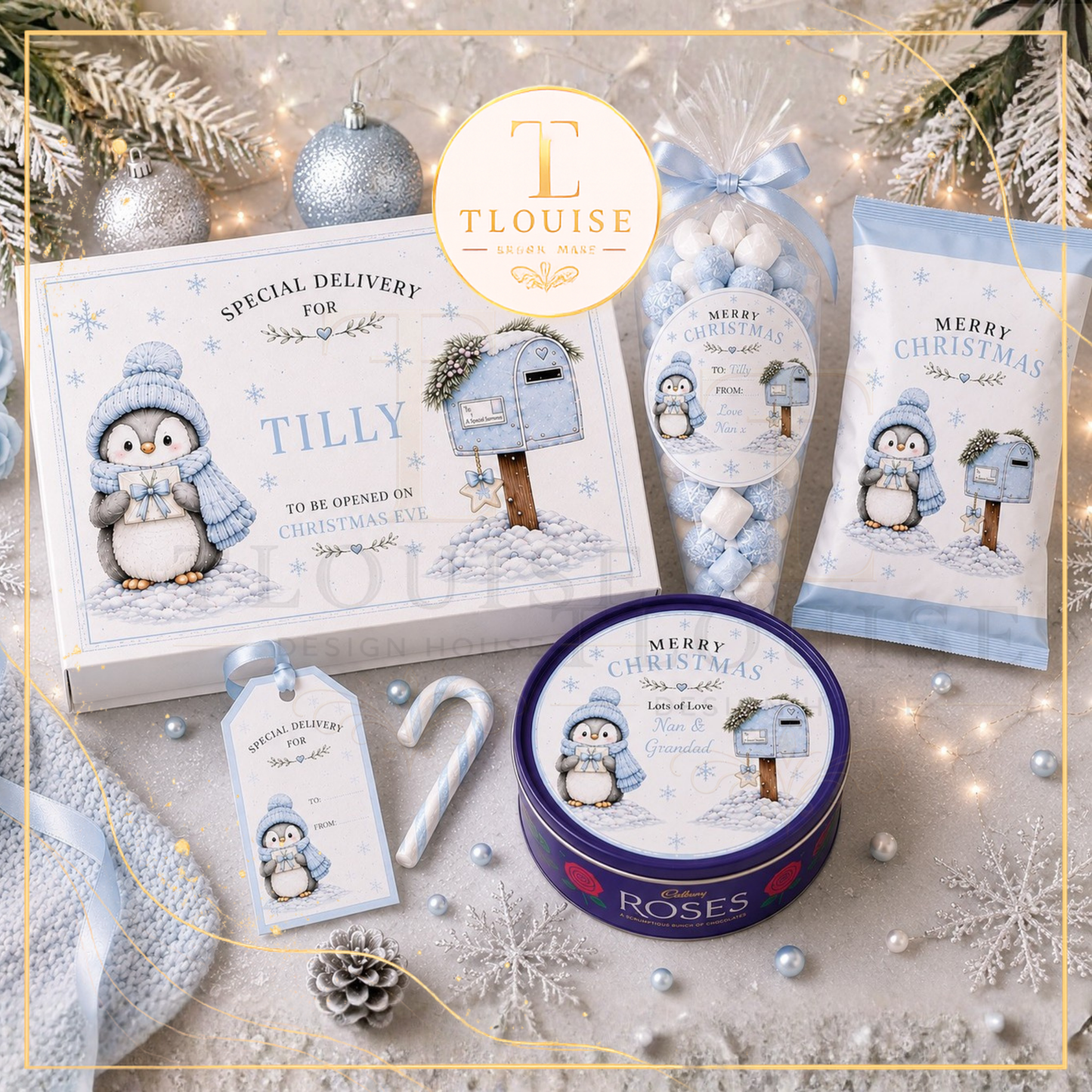 Pink Blue Christmas Penguin Printable Set
