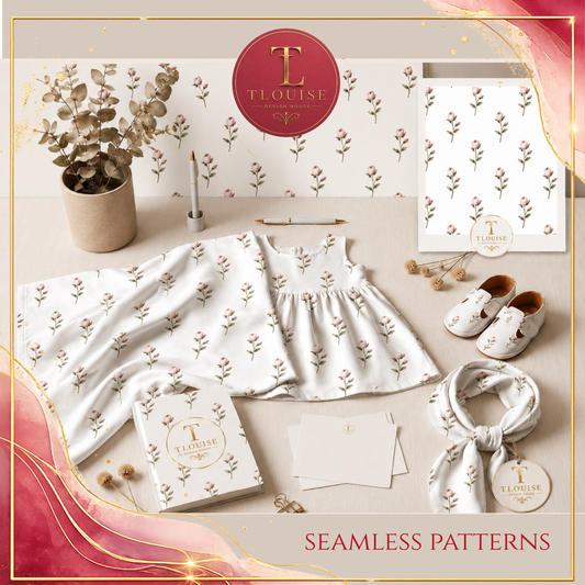 5 Floral & Bow Seamless Patterns | Neutral Digital Paper | Fabric & Surface Pattern Bundle | Commercial Use PNG
