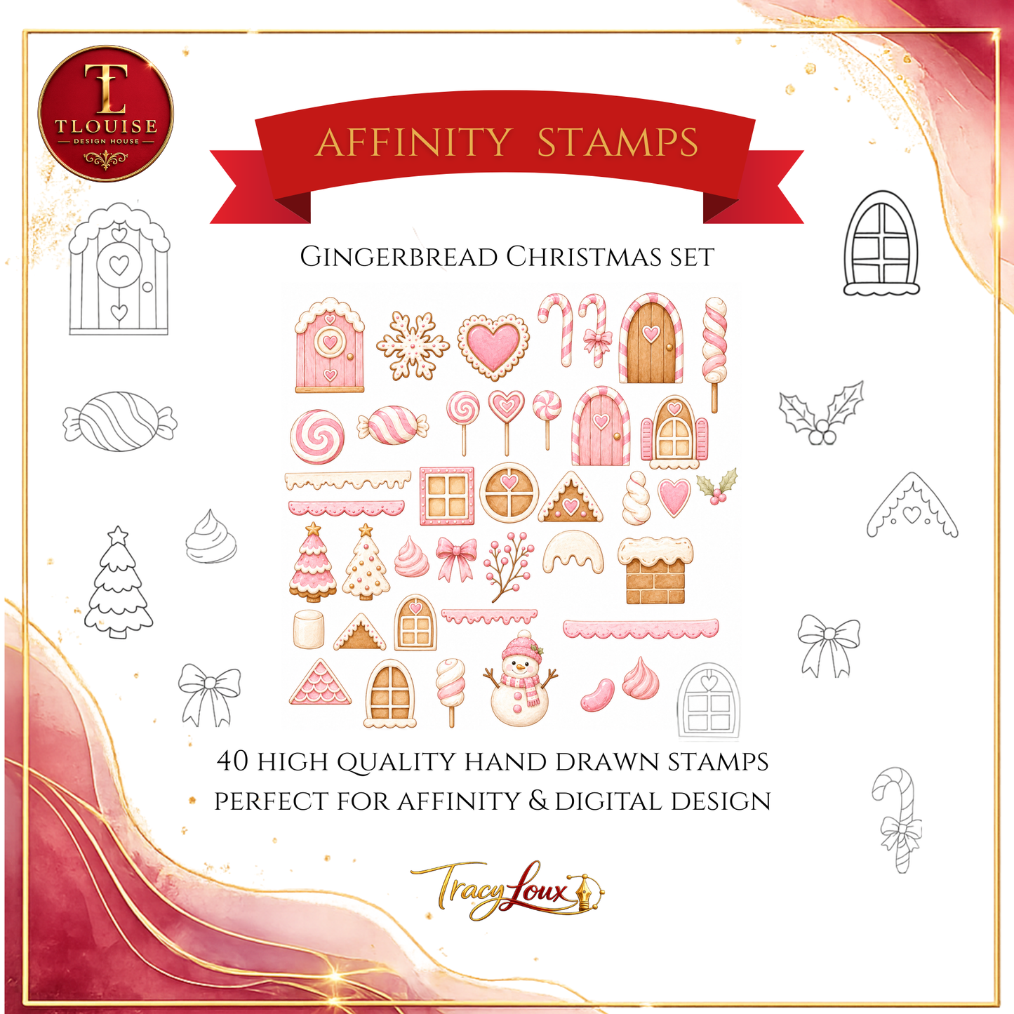 Gingerbread House Affinity Stamp Set – 40 Hand-Drawn Stamps + 3 Colour Palettes