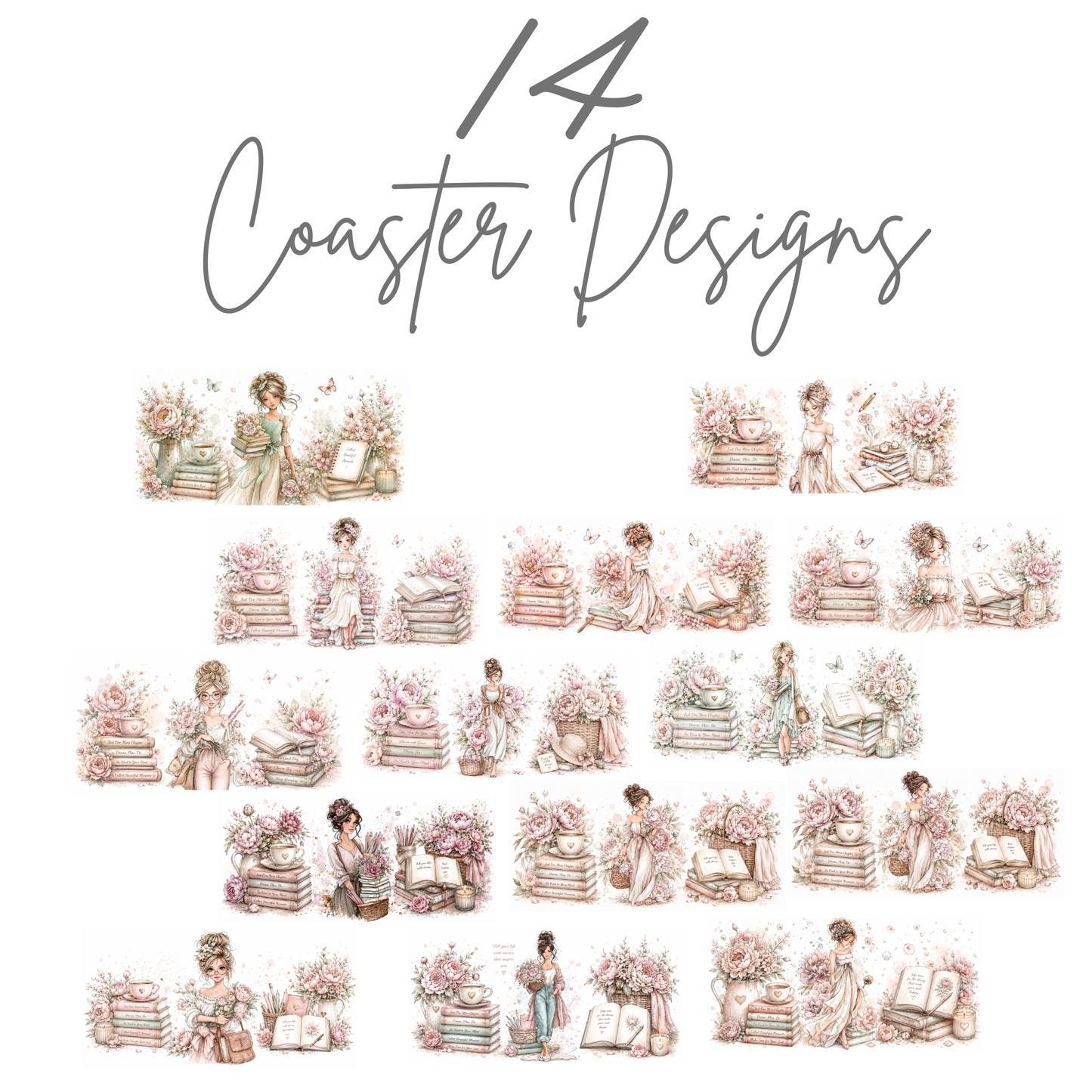 Book Lover Design Bundle | 14 Coasters, 14 Mug Wraps, 14 Bookmarks & 24 Floral Clipart Elements
