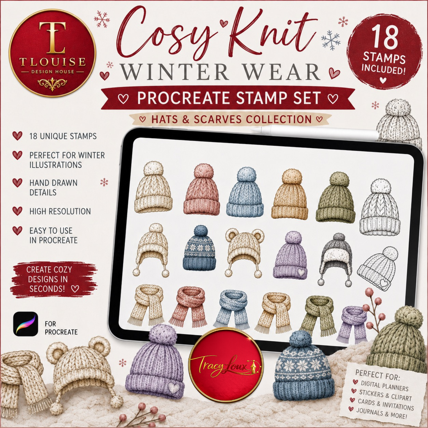 Cosy Knit Winter Wear Procreate Stamp Set | 18 Knitted Hats & Scarves Stamps for Procreate