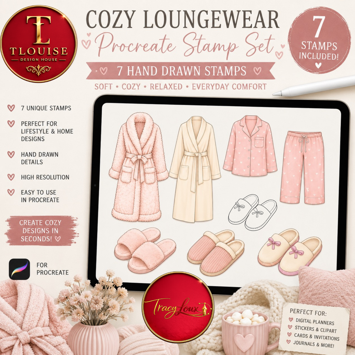 Cozy Loungewear Procreate Stamp Set | 7 Hand Drawn Robes, Pyjamas & Slippers Stamps