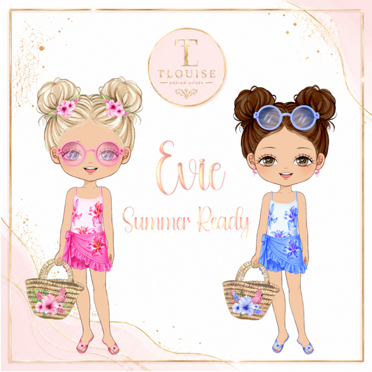 Evie Summer Clipart PNG Bundle, Summer Girl Digital Download, 300 DPI PNG, Hair Skin Eye Variations, Sublimation Design