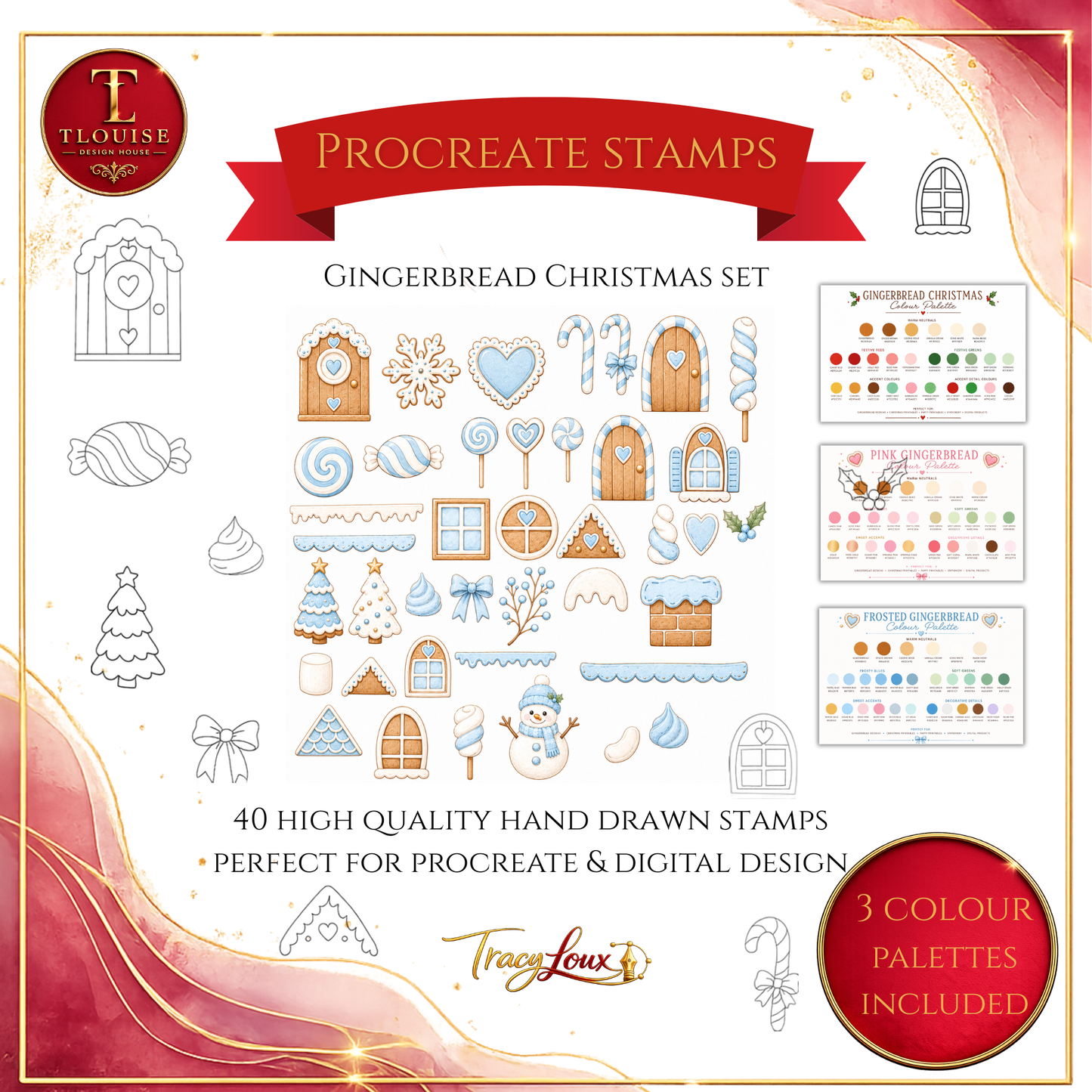 Gingerbread House Procreate Stamp Set – 40 Hand-Drawn Stamps + 3 Colour Palettes