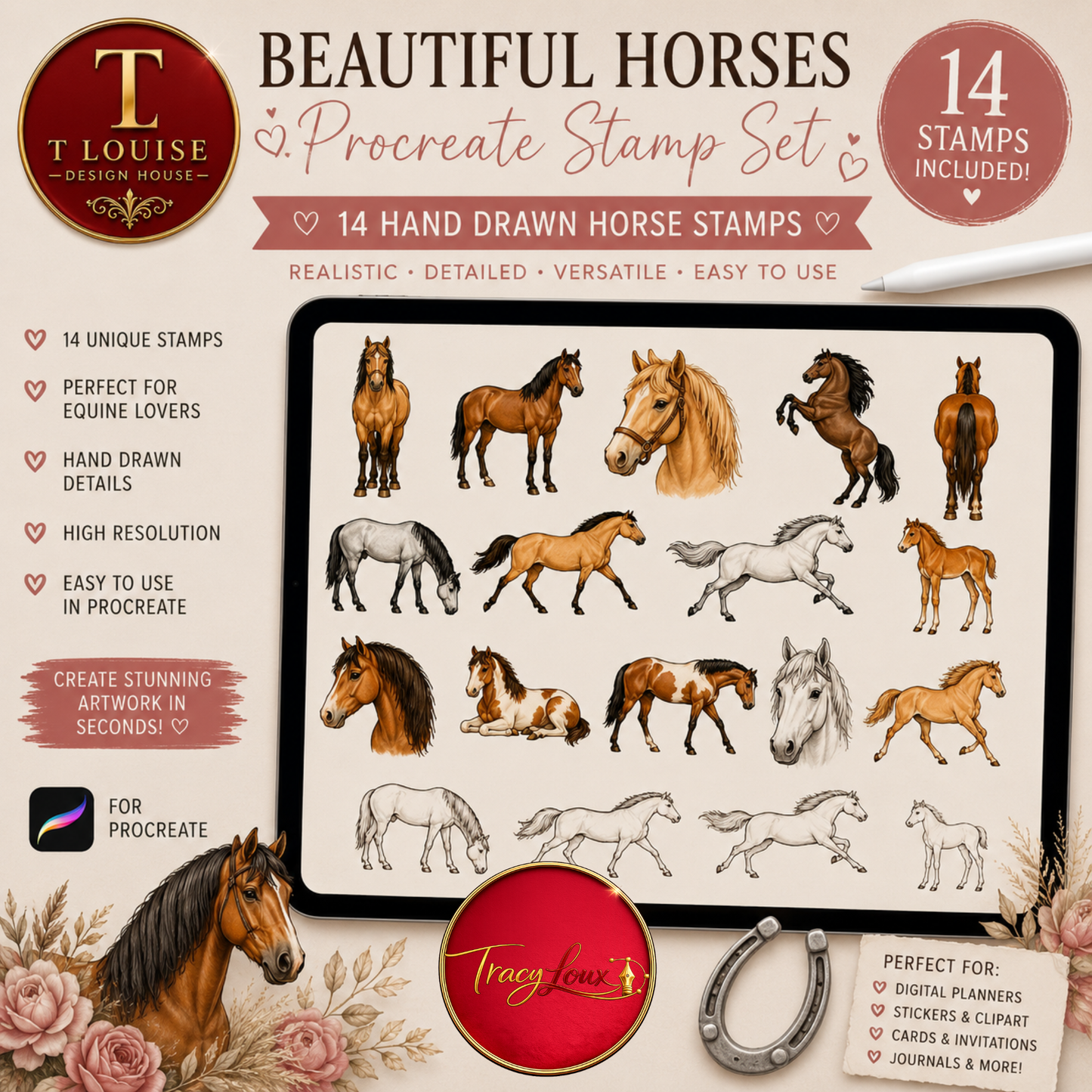 Beautiful Horses Procreate Stamp Set | 14 Hand Drawn Horse Stamps for Procreate