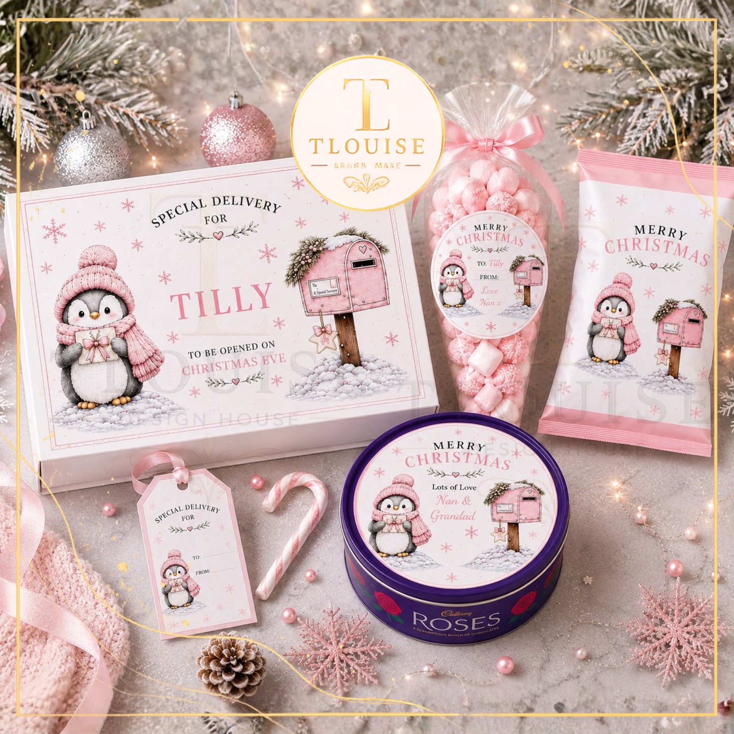 Pink  Blue Christmas Penguin Printable Set