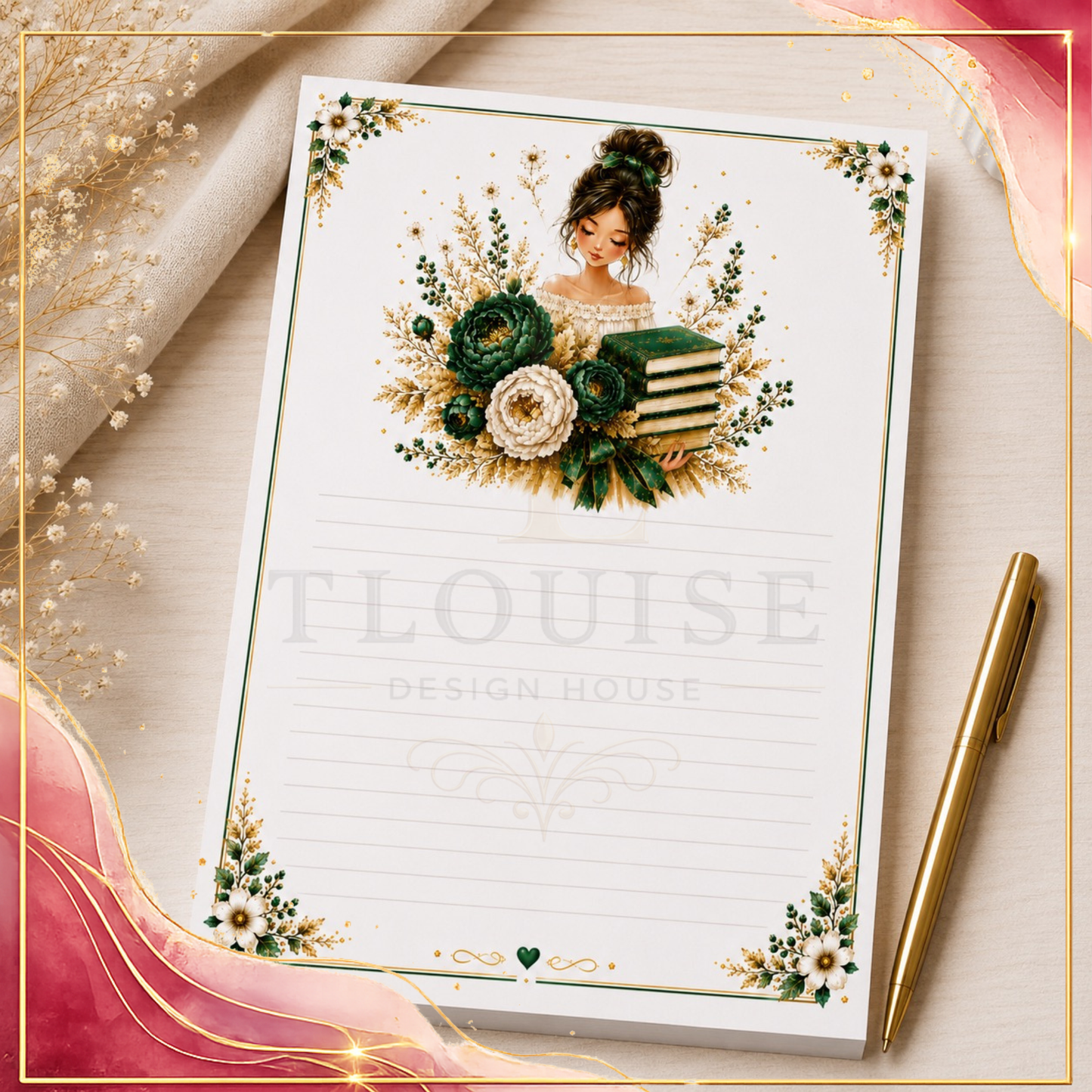 Emerald green & Gold Cozy Book Lover Printable Gift Set – 4 Coordinated Designs