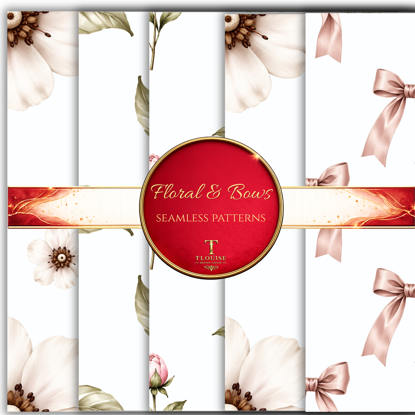 5 Floral & Bow Seamless Patterns | Neutral Digital Paper | Fabric & Surface Pattern Bundle | Commercial Use PNG