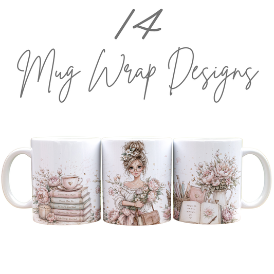 Book Lover Design Bundle | 14 Coasters, 14 Mug Wraps, 14 Bookmarks & 24 Floral Clipart Elements
