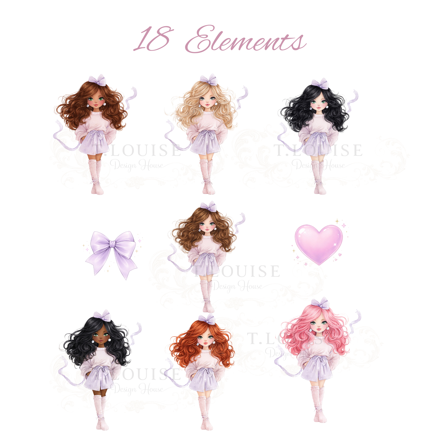 Pastel Girl Character Design Set – 18 Matching Elements