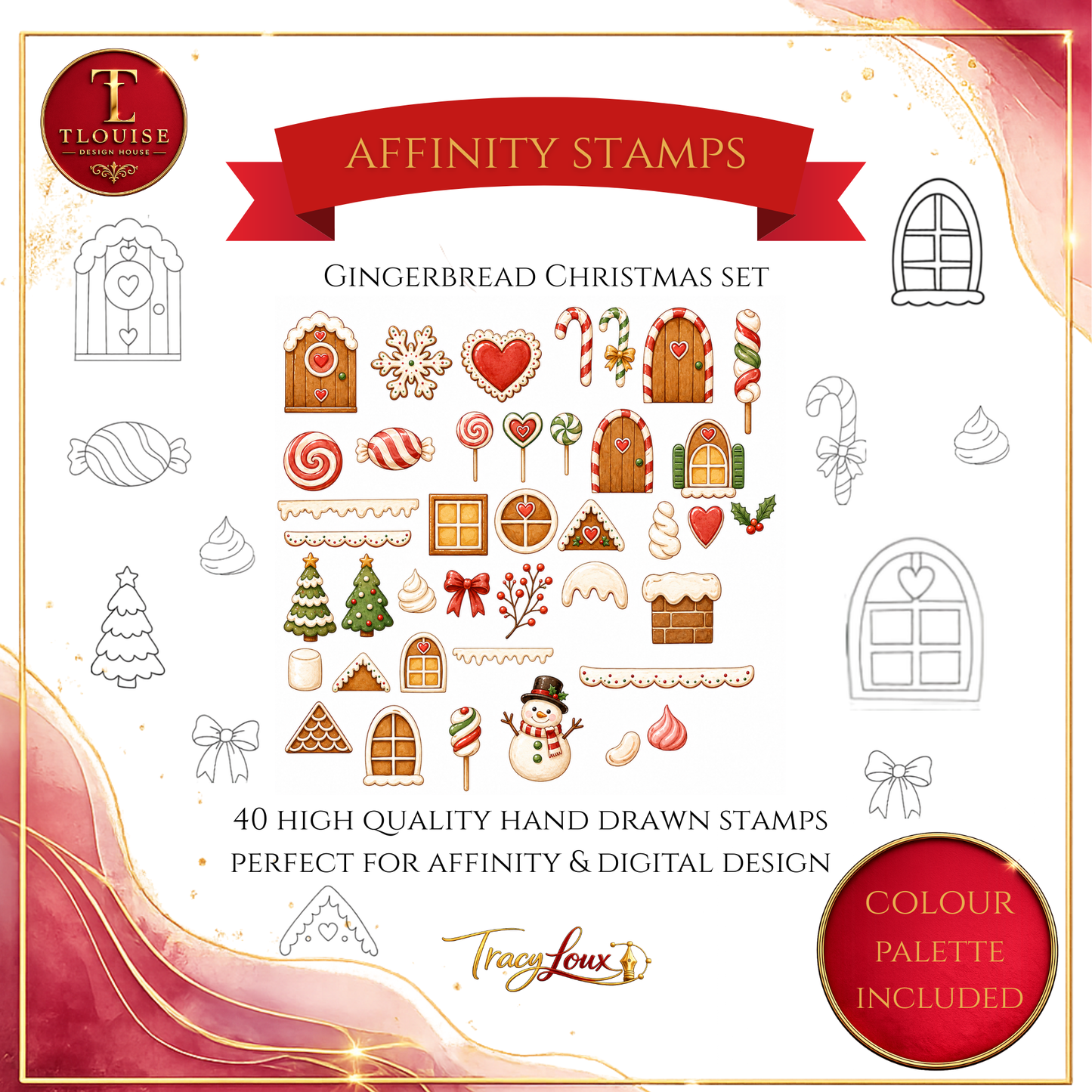 Gingerbread House Affinity Stamp Set – 40 Hand-Drawn Stamps + 3 Colour Palettes