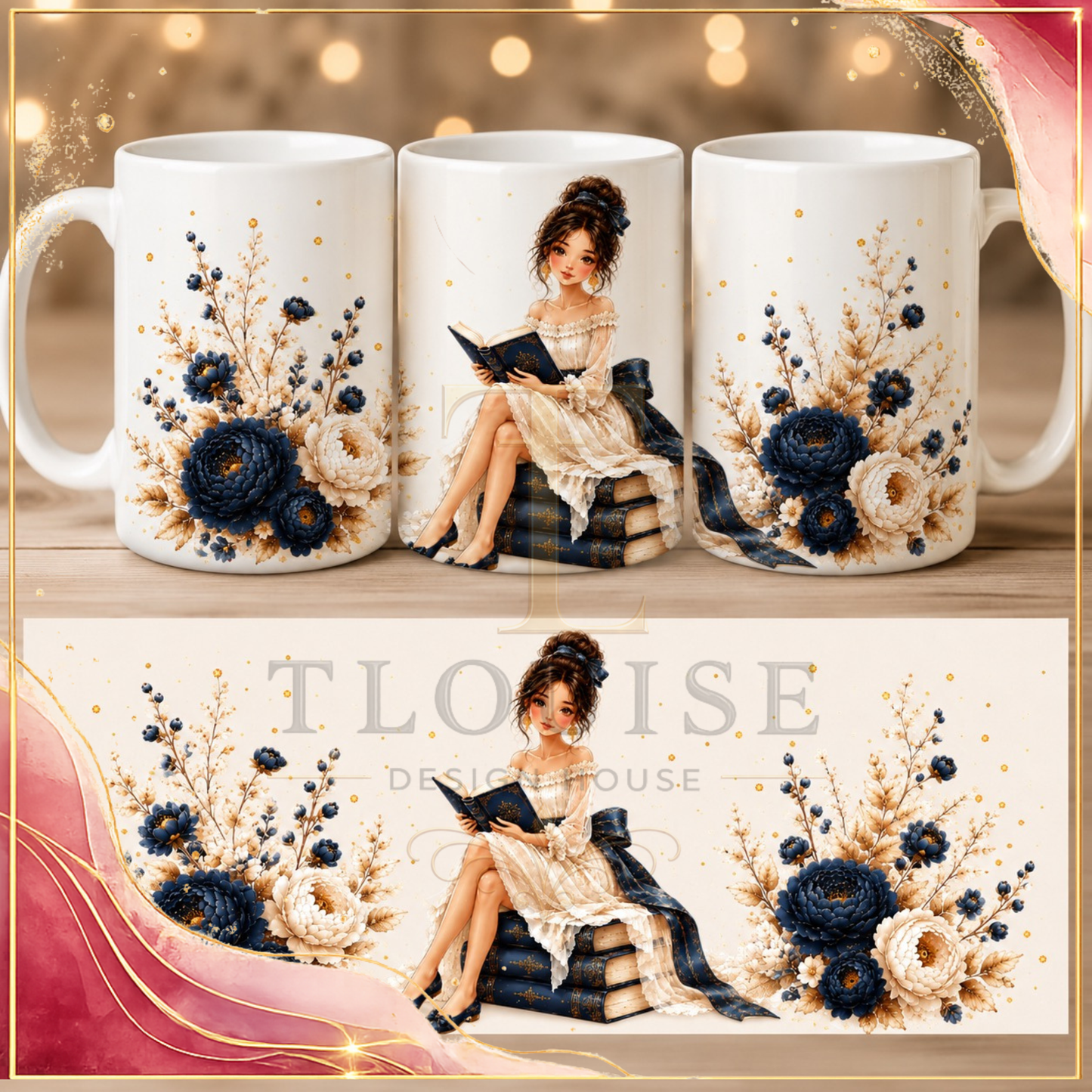 Blue & Gold Cozy Book Lover Printable Gift Set – 4 Coordinated Designs