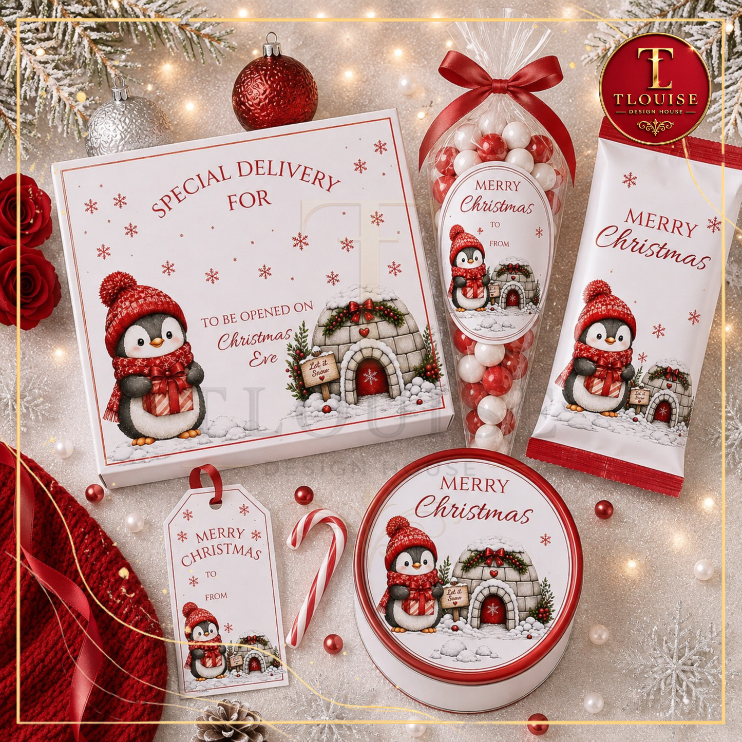 Red Christmas Penguin Printable Set