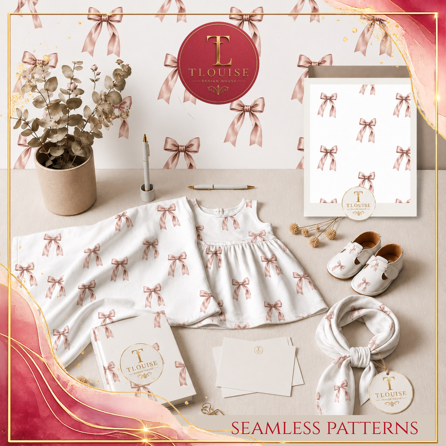 5 Floral & Bow Seamless Patterns | Neutral Digital Paper | Fabric & Surface Pattern Bundle | Commercial Use PNG