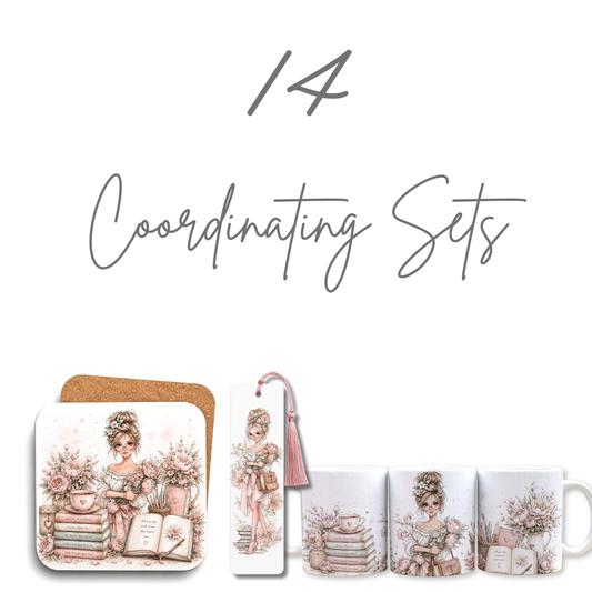 Book Lover Design Bundle | 14 Coasters, 14 Mug Wraps, 14 Bookmarks & 24 Floral Clipart Elements