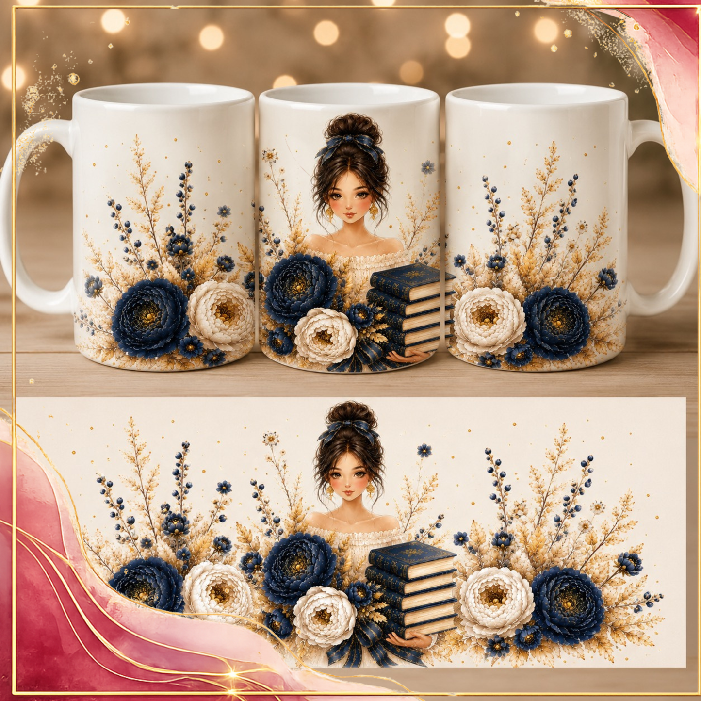 Blue & Gold Cozy Book Lover Printable Gift Set – 4 Coordinated Designs