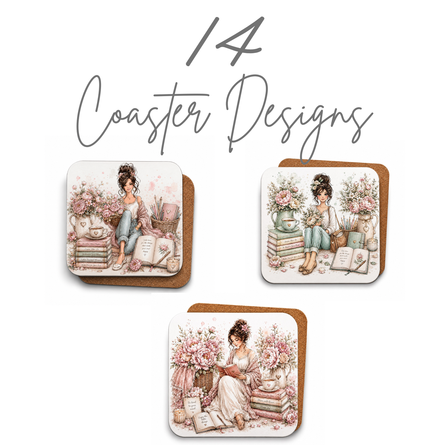 Book Lover Design Bundle | 14 Coasters, 14 Mug Wraps, 14 Bookmarks & 24 Floral Clipart Elements