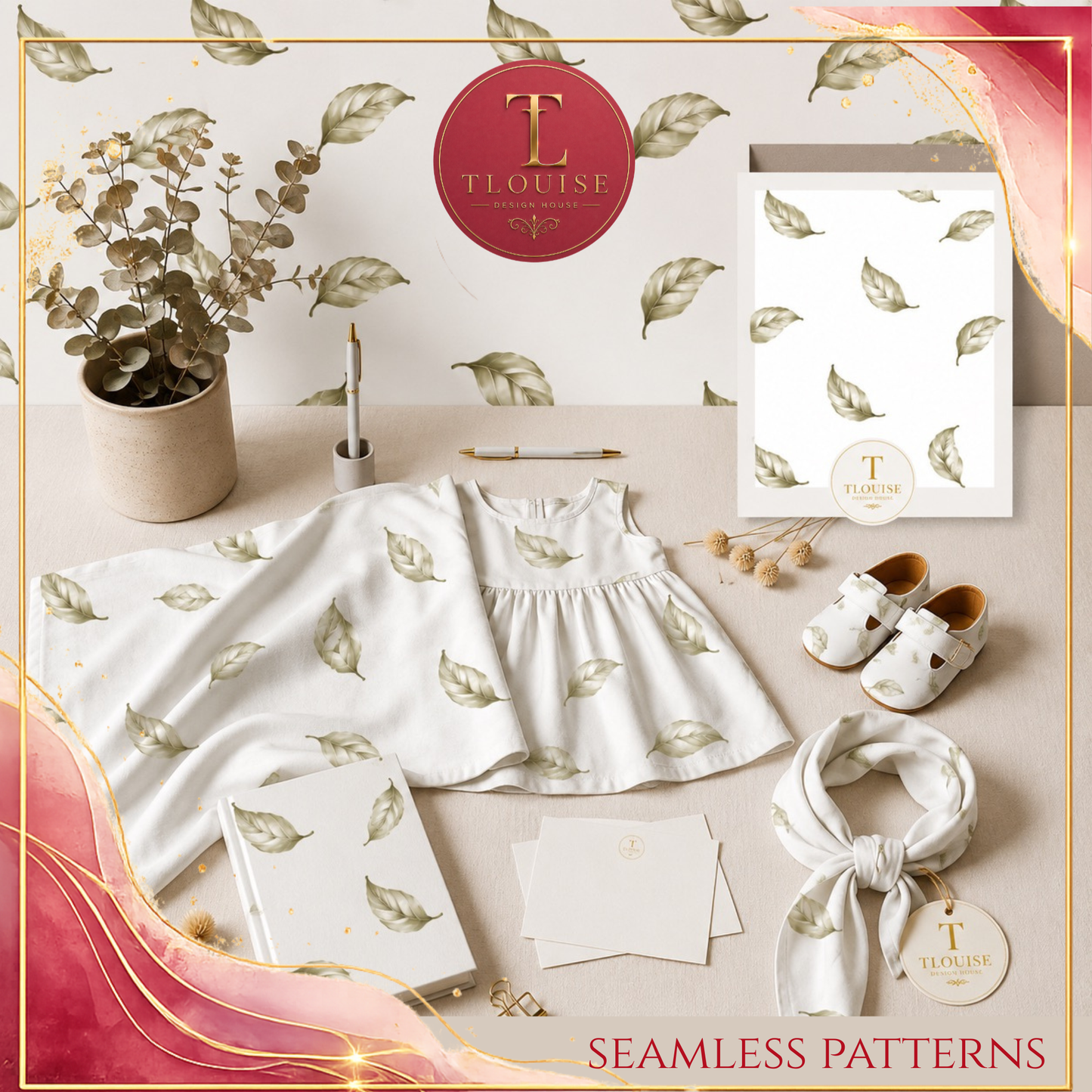 5 Floral & Bow Seamless Patterns | Neutral Digital Paper | Fabric & Surface Pattern Bundle | Commercial Use PNG