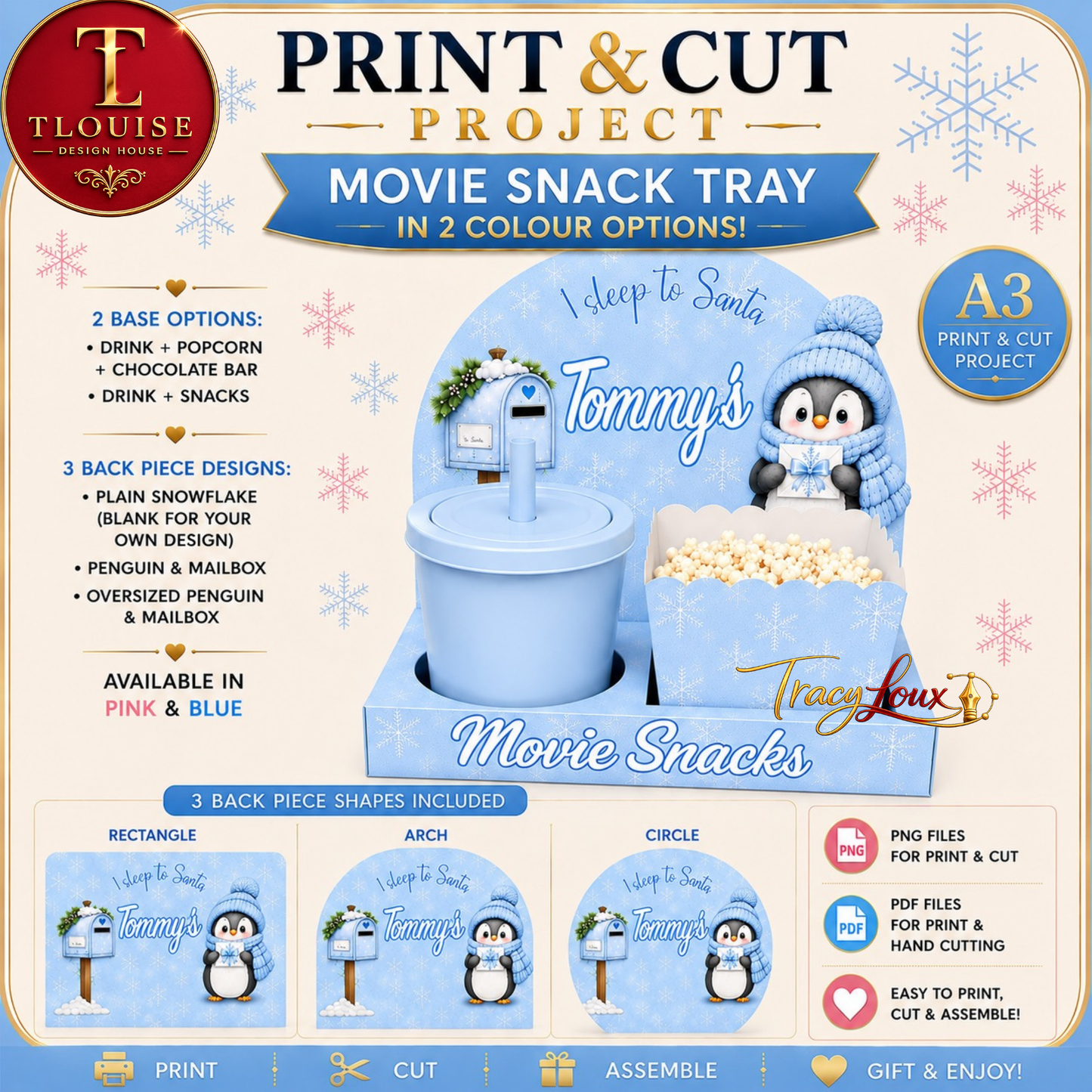 Christmas Penguin Deep Movie Snack Tray - Print and Cut A3 Bundle