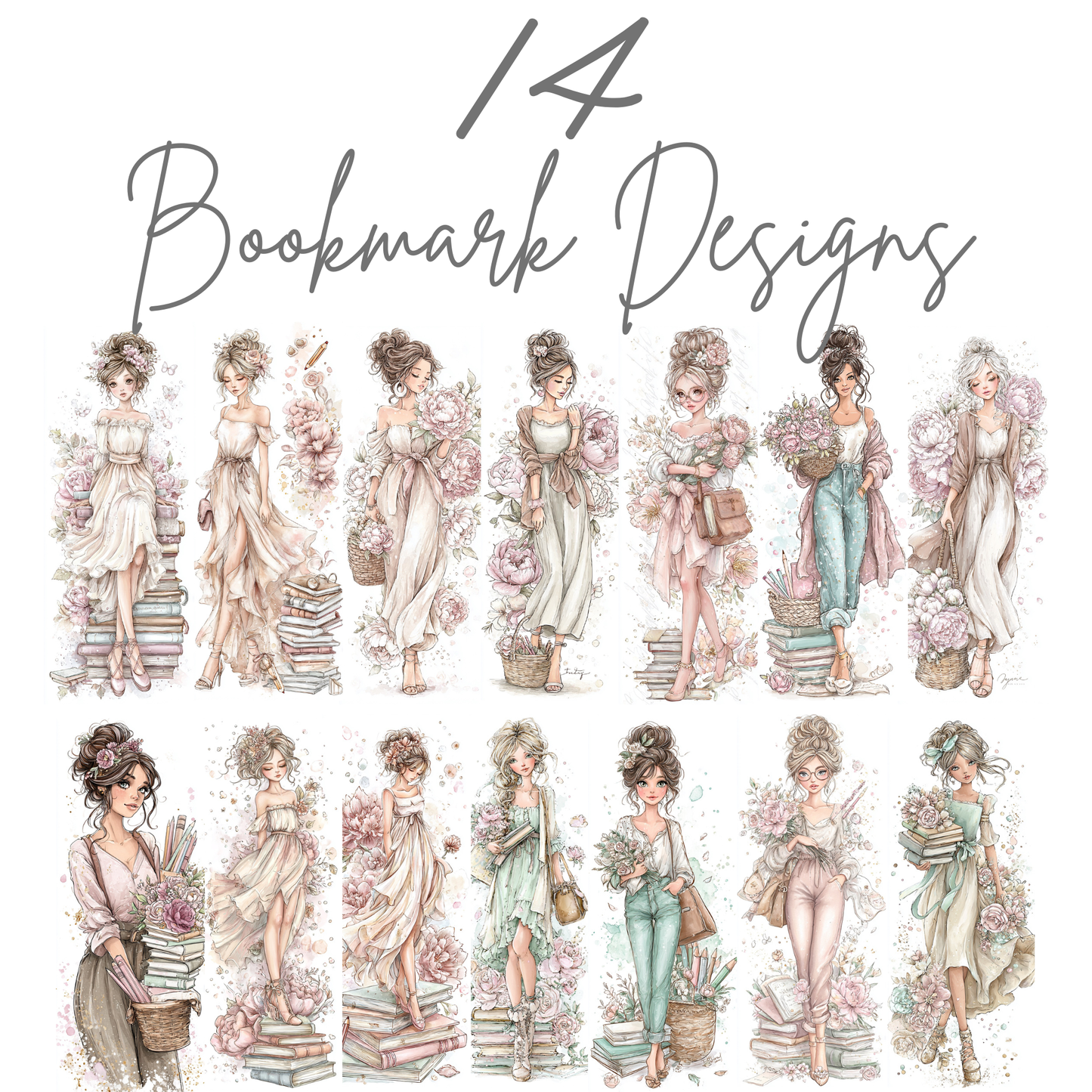 Book Lover Design Bundle | 14 Coasters, 14 Mug Wraps, 14 Bookmarks & 24 Floral Clipart Elements