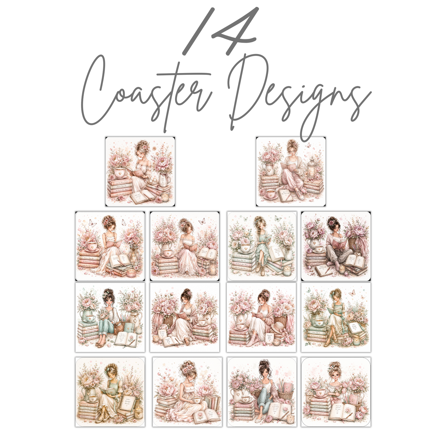 Book Lover Design Bundle | 14 Coasters, 14 Mug Wraps, 14 Bookmarks & 24 Floral Clipart Elements
