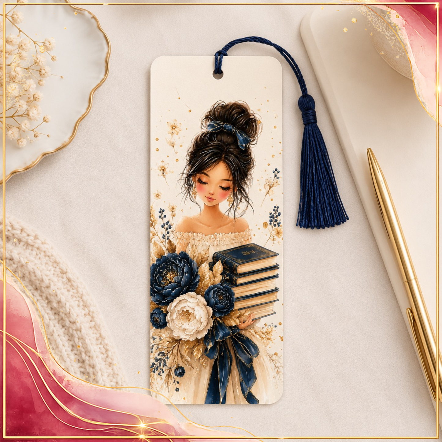 Blue & Gold Cozy Book Lover Printable Gift Set – 4 Coordinated Designs