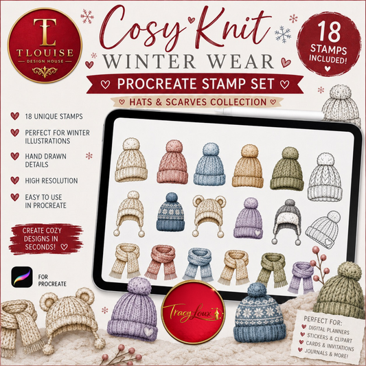 Cosy Knit Winter Wear Procreate Stamp Set | 18 Knitted Hats & Scarves Stamps for Procreate