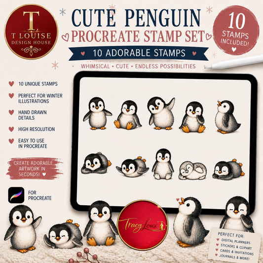 Cute Penguin Procreate Stamp Set | 10 Hand Drawn Penguin Stamps for Procreate