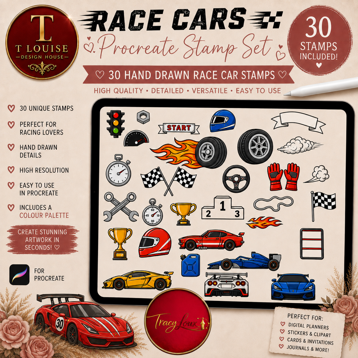 Race Car Procreate Stamp Set – 30 Hand-Drawn Racing Stamps + Colour Palette