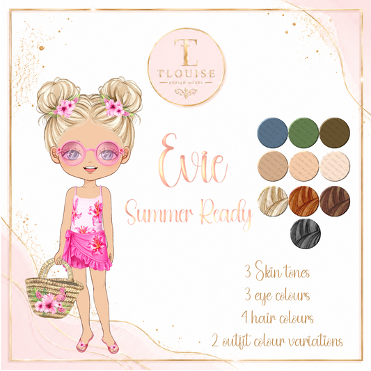 Evie Summer Clipart PNG Bundle, Summer Girl Digital Download, 300 DPI PNG, Hair Skin Eye Variations, Sublimation Design