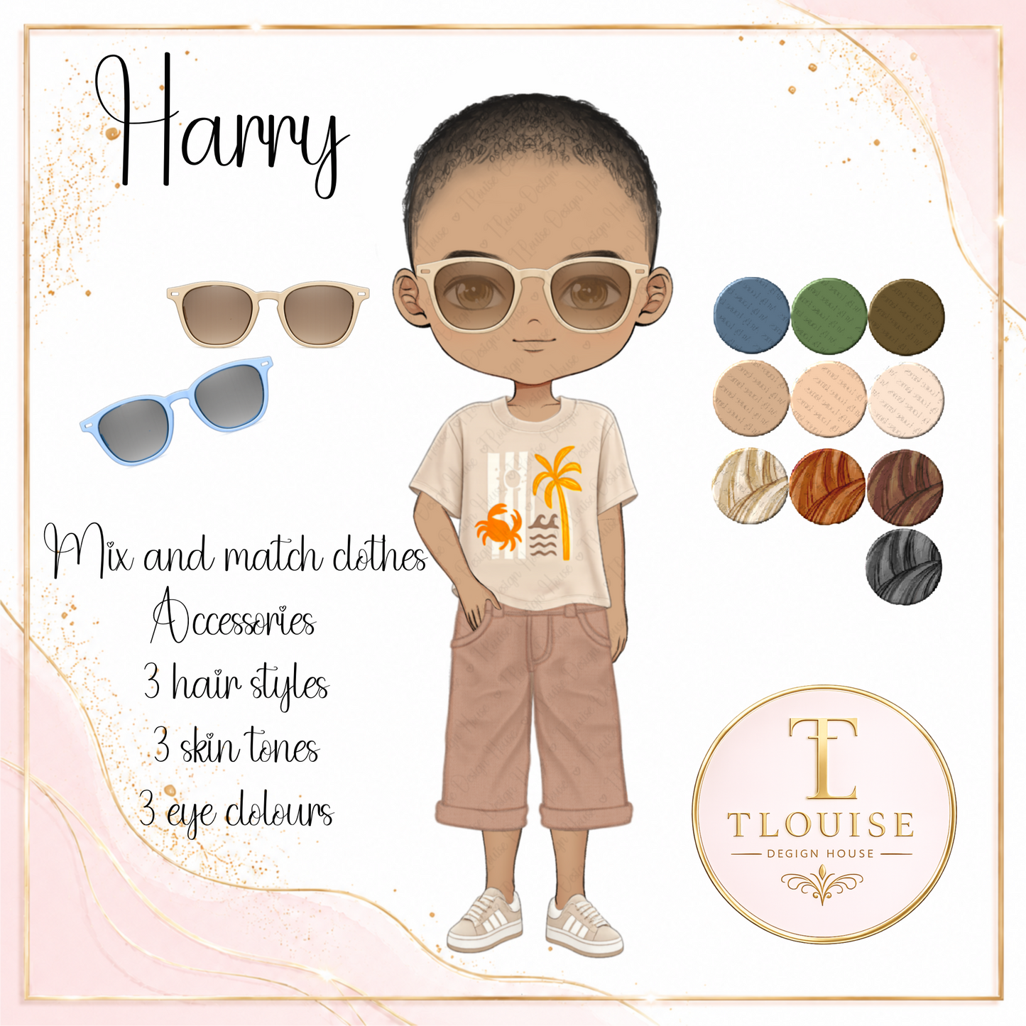 Harry Summer Clipart PNG Bundle, Summer Boy Digital Download, 300 DPI PNG, Hair Skin Eye Variations, Sublimation Design (Copy)