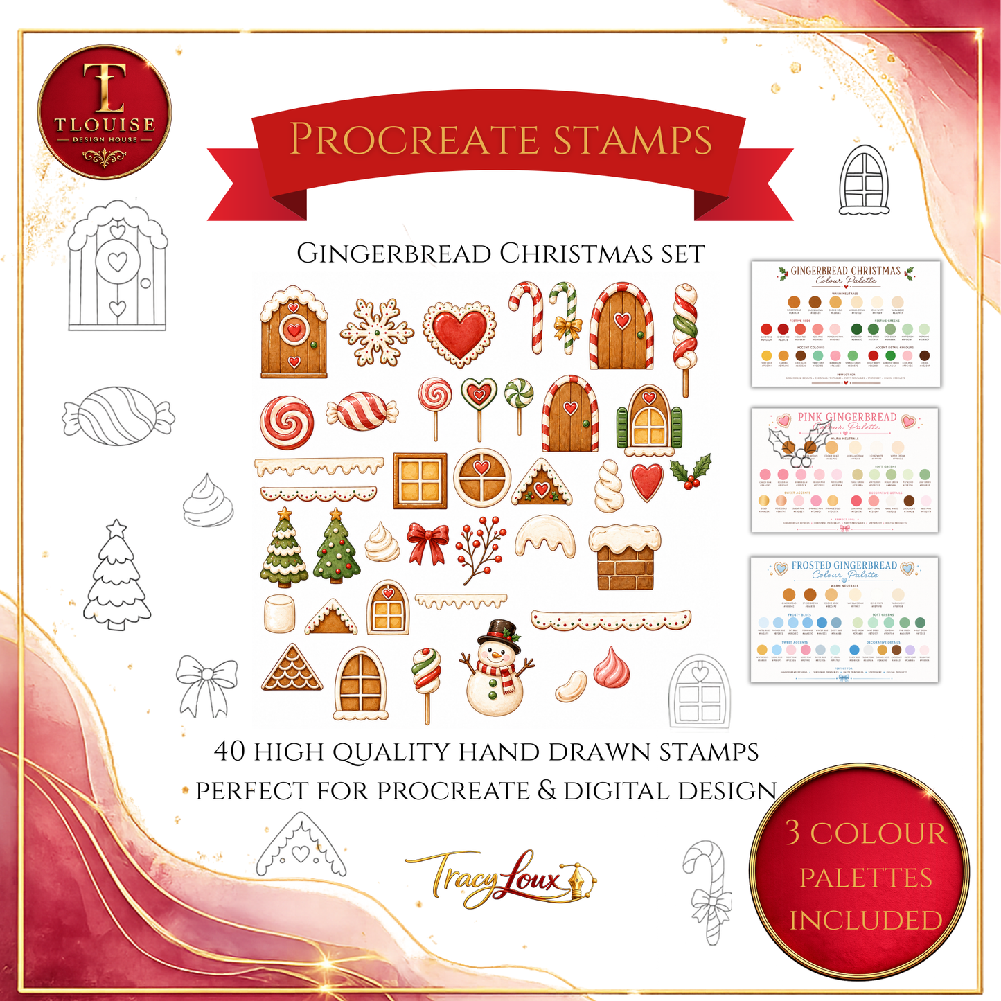Gingerbread House Procreate Stamp Set – 40 Hand-Drawn Stamps + 3 Colour Palettes