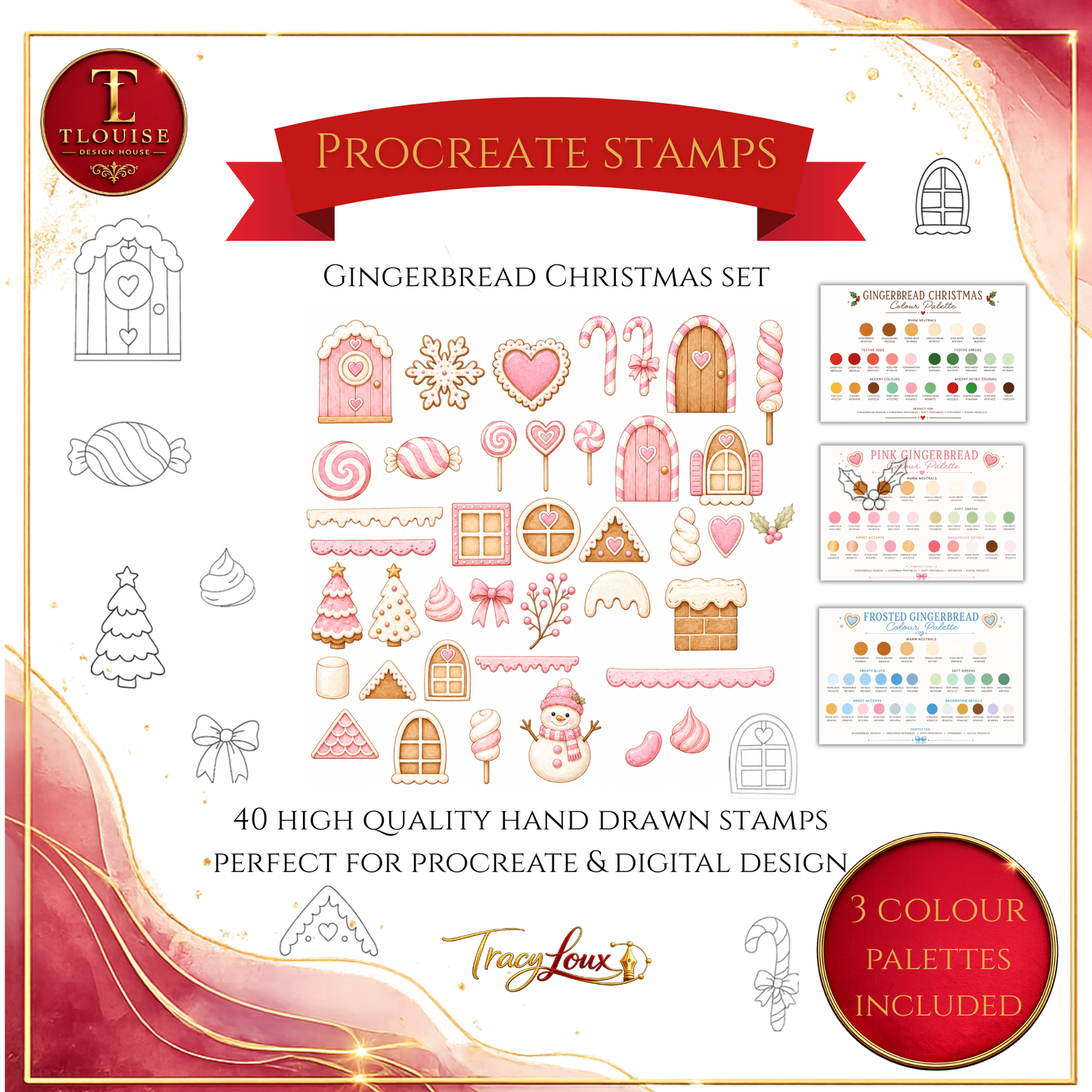 Gingerbread House Procreate Stamp Set – 40 Hand-Drawn Stamps + 3 Colour Palettes